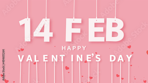 14 Feb happy Valentine's day text on pink background with heart confetti, 16x9 proportion