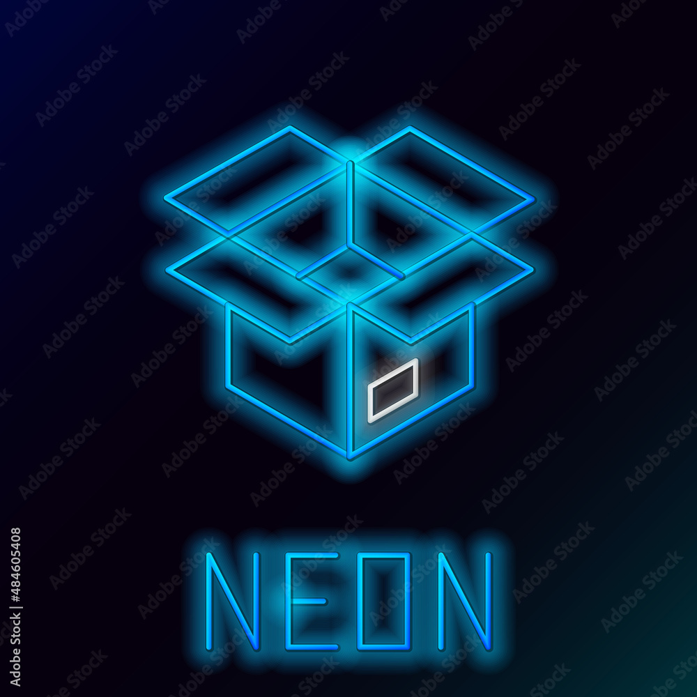 Glowing neon line Unboxing icon isolated on black background. Colorful outline concept. Vector Glowing neon line Unboxing icon isolated on black background. Colorful outline concept. Vector