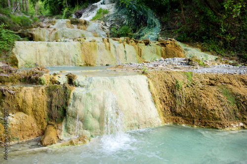 Bagni San Filippo, hot spring containing calcium carbonate deposits, which form white concretions and waterfalls. Geothermal pools and hot springs in Tuscany, Italy.
