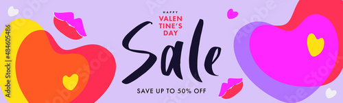 Creative concept of Happy Valentines Day sale horizontal poster, website banner. Modern Design template with liquid overlay hearts and doodle lips kisses.