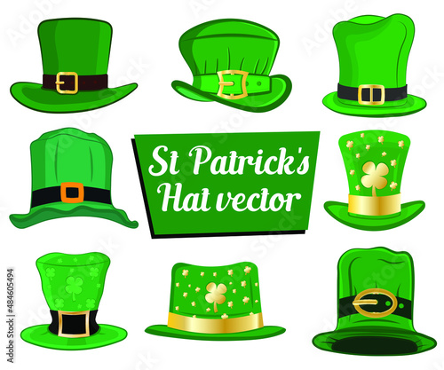 St Patrick day different green hats bundle vector illustration. St Patrick day hat symbol on white background. Hats for St Patrick day.