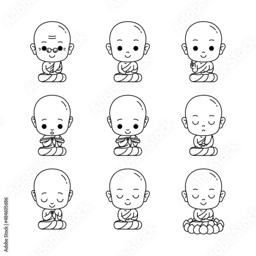 Cute monk cartoon outline vector illustration in sitting,meditation,learning, etc.
