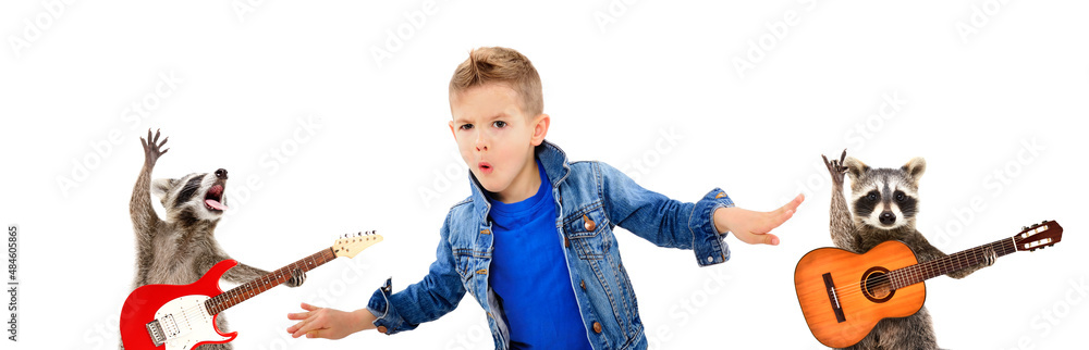 Portrait of a stylish dancing boy with raccoons playing guitar isolated on white background Portrait of a stylish dancing boy with raccoons playing guitar isolated on white background