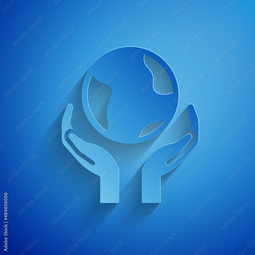 Paper cut Human hands holding Earth globe icon isolated on blue background. Save earth concept. Paper art style. Vector Paper cut Human hands holding Earth globe icon isolated on blue background. Save earth concept. Paper art style. Vector