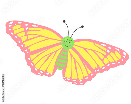 Cute colorful smiling butterfly. Flying insect. Cartoon character. Vector illustration isolated on white background.