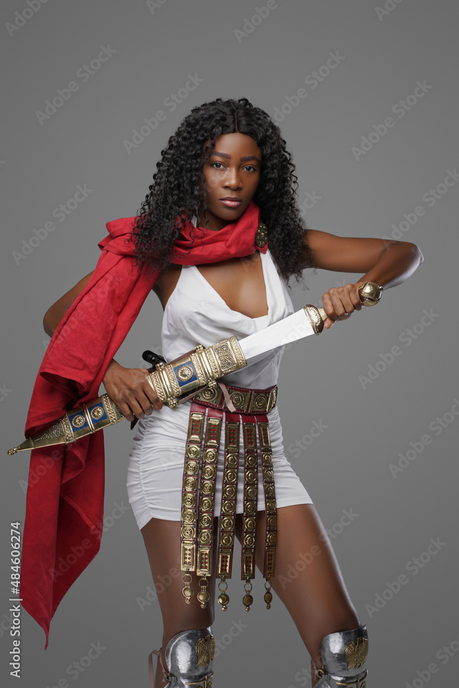 African roman woman warrior with wavy hairs and gladius African roman woman warrior with wavy hairs and gladius