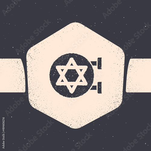 Grunge Jewish synagogue building or jewish temple icon isolated on grey background. Hebrew or judaism construction with David star. Monochrome vintage drawing. Vector