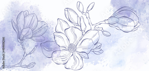Art botanical background vector. Luxury design with magnolia flowers  and very-peri watercolor splash. Template design for text, packaging and prints.