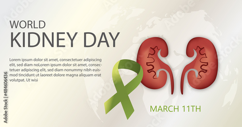 World Kidney Day. Kidneys vectorial illustration on world map with green ribbon ,space for text.