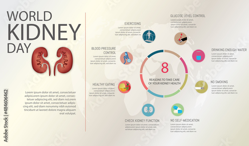 World Kidney Day. Vectorial infographic with 8 rules to take care of kidney health.icons exercise,blood pressure and glucose control,water,no smoking,healthy food,medical checkups.