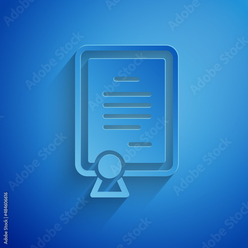 Paper cut Certificate template icon isolated on blue background. Achievement, award, degree, grant, diploma concepts. Paper art style. Vector