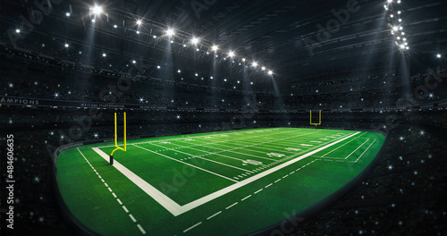 American football stadium with yellow goal posts, grass field and fans at corner general view. Digital 3D illustration for sport advertisement. © LeArchitecto