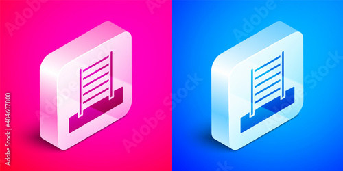 Isometric Wooden Swedish wall icon isolated on pink and blue background. Swedish stairs. Silver square button. Vector
