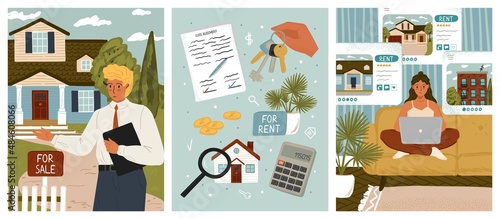 Woman searching house for rent online. Real estate concept vector posters set. Real estate agent offers property for sale. Choice of home or apartment by rating. Mortgage loan contract