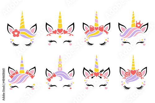 Cute unicorn face vector. Set for Valentines Day. Funny faces with heart, flower wreath, glasses, crown, hair bow,unicorn horn for girls. Magic characters. Illustrations isolated on white background.