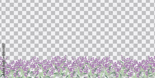 Hand drawn border, frame of small lavenders in doodle style, horizontal bottom edging,decoration. Vector illustration for birthday, greeting card, sale banner, kids textile.
