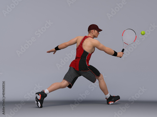 3D Render : Full body portrait of male tennis player is performing and acting in training session  © Tritons
