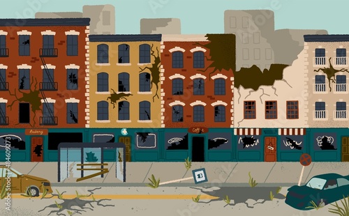 Abandoned city buildings vector cartoon illustration. People left town after earthquake or apocaliptic disaster. City house with broken walls and commercial property. Damage zone after violent riots