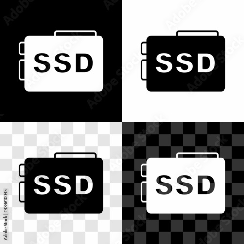 Set SSD card icon isolated on black and white, transparent background. Solid state drive sign. Storage disk symbol. Vector