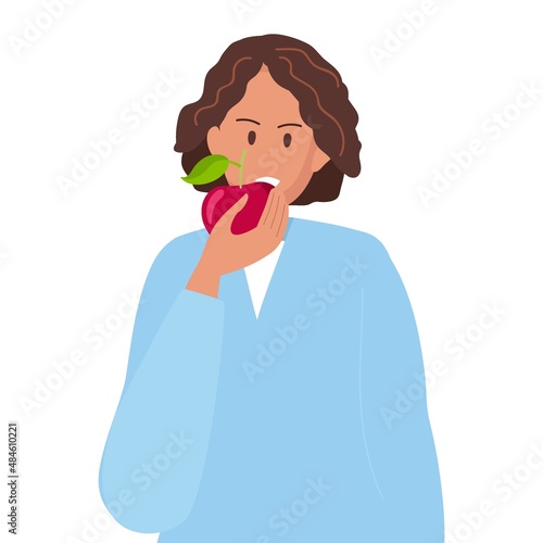 Young girl going to bite off fresh ripe apple. Woman cartoon character biting apple. Healthy lifestyle, weight loss diets, Healthy food, vegeterian. Colored flat Vector illustration isolated on white.