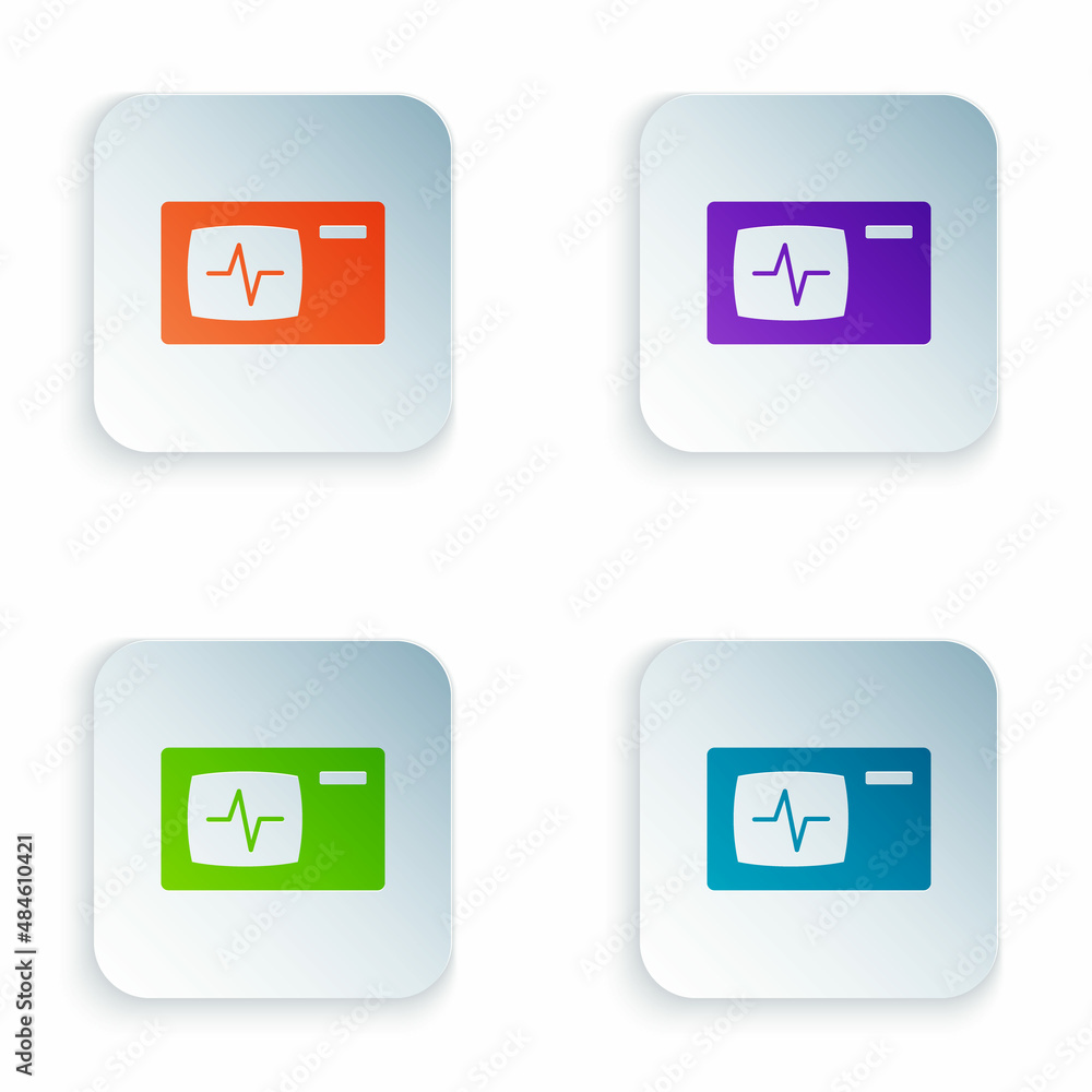 Color Computer monitor with cardiogram icon isolated on white background. Monitoring icon. ECG monitor with heart beat hand drawn. Set colorful icons in square buttons. Vector