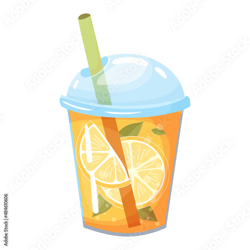 Orange juice or lemonade. Summer cocktail in a transparent glass with a straw. Beverages. Vector illustration isolated on white background.