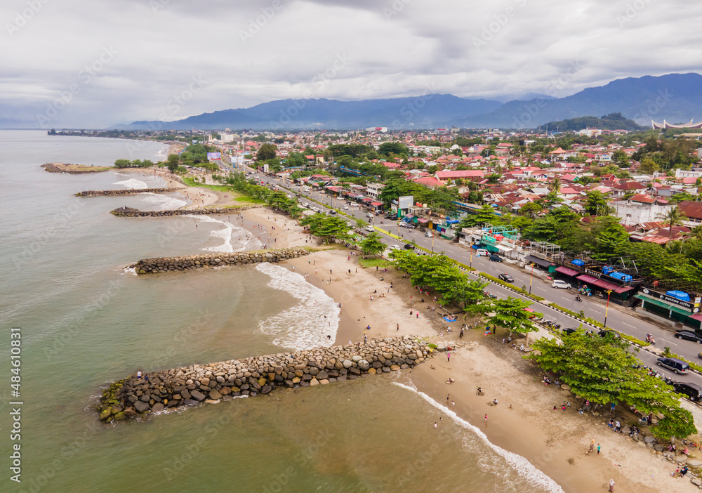 Top view of Padang Beach and its surrounding, a popular tourist destination in Padang City, West Sumatra, Indonesia. 