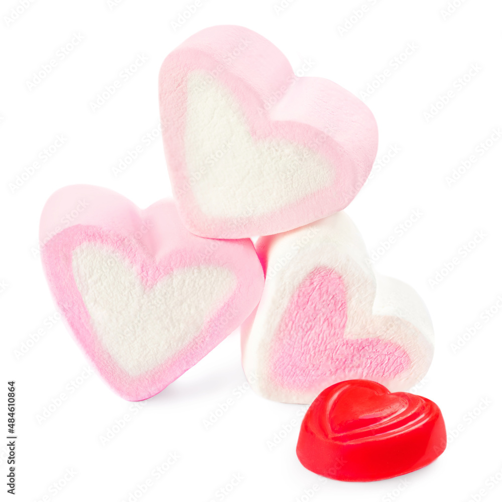 Sweet heart shape Marshmallow isolated on white background with red chocolate candy. Valentines Day concept. Sweet heart shape Marshmallow isolated on white background with red chocolate candy. Valentines Day concept.