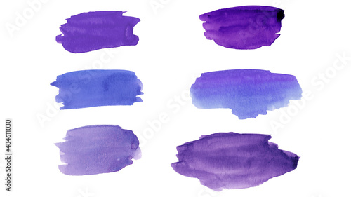 Set of abstract colorful different shades of purple violet watercolor splash brushes texture illustration art paper - Aquarelle painted, isolated on white background, canvas for design, hand drawing