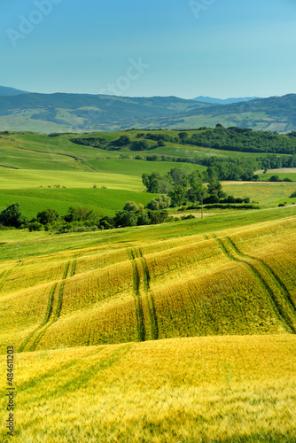 Stunning view of fields and farmlands with small villages on the horizon. Summer rural landscape of rolling hills  curved roads and cypresses of Tuscany  Italy.