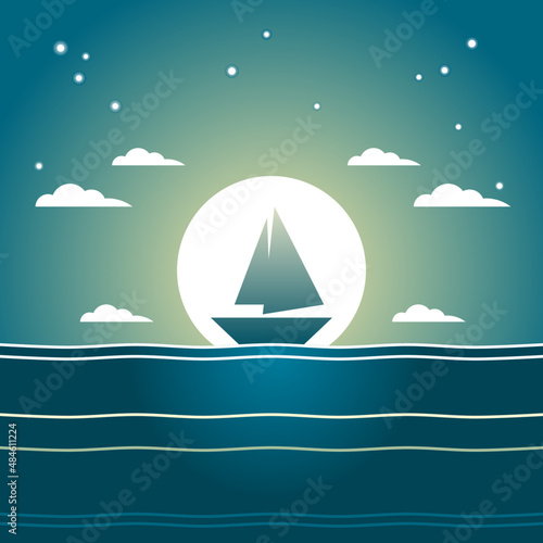 Sailboat floating in blue ocean sea with full moon and stars at night flat icon design.