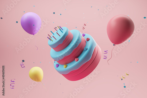 Flying cake with air balloons and candles on a pink background. Holiday concept. Realistic birthday cake. 3d rendering
