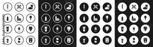 Set Paper glass and taco with tortilla, Bottle of water burger, Sauce bottle, Ice cream, in waffle cone, Sandwich and icon. Vector