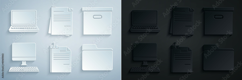 Set File document and binder clip, Carton cardboard box, Computer monitor with keyboard, Document folder, and Laptop icon. Vector Set File document and binder clip, Carton cardboard box, Computer monitor with keyboard, Document folder, and Laptop icon. Vector