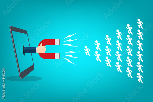 Smartphone screen with hand holding magnet attract new customers icons. Flat social media inbound marketing vector concept