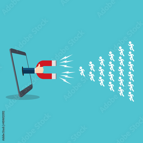 Smartphone screen with hand holding magnet attract new customers icons. Flat social media inbound marketing vector concept