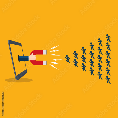 Smartphone screen with hand holding magnet attract new customers icons. Flat social media inbound marketing vector concept
