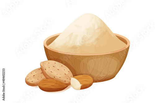 Almond powder, flour in wooden bowl with almond nuts in nutshell in cartoon style isolated on white background. Baking ingredient, nutrient food. 
