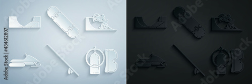Set Surfboard, Bicycle on street ramp, Snowmobile, Diving mask and aqualung, Skateboard trick and park icon. Vector