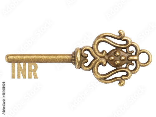 Bronze vintage antique keys with word INR (Indian rupee) isolated on white background