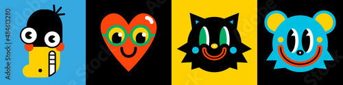 Abstract comic faces funny animals with various emotions. Cute blue bear, black duck, red heart, black cat, colored characters. Cartoon style. Flat design. Trendy vector illustrations, isolated.
