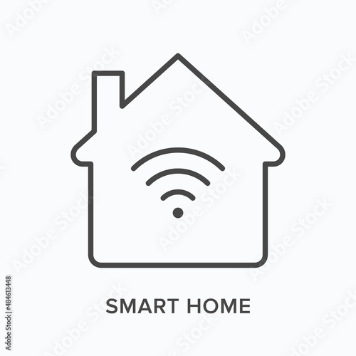 Country house internet flat line icon. Vector outline illustration of cottage and wifi. Black thin linear pictogram for suburban network communications