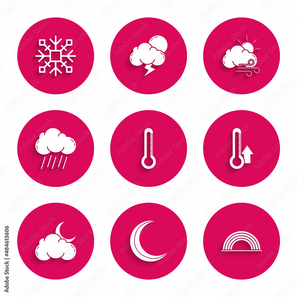 Set Thermometer, Moon and stars, Rainbow with clouds, Cloud moon, rain, Windy weather and Snowflake icon. Vector Set Thermometer, Moon and stars, Rainbow with clouds, Cloud moon, rain, Windy weather and Snowflake icon. Vector