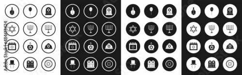 Set Tombstone with star of david, Hanukkah menorah, Star David, dreidel, Balloons ribbon, Jewish kippah and calendar icon. Vector