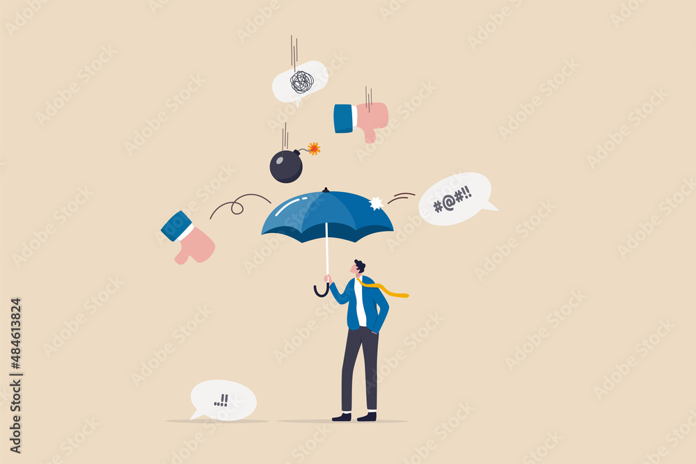 Handle business criticism or negative feedback, manage boss blame, pressure, failure or mistake ashamed concept, confidence businessman hold strong umbrella protect from negative feedback criticism. - obrazy, fototapety, plakaty 