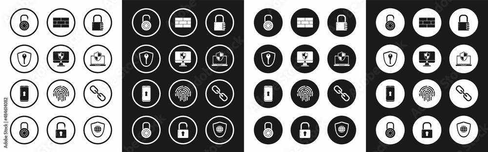Set Safe combination lock, Computer monitor and shield, Shield with key, wheel, Laptop protected, Bricks, Chain link and Smartphone icon. Vector