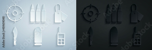 Set Bullet, Military dog tag, knife, Walkie talkie, and Target sport for shooting competition icon. Vector