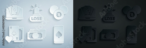 Set Stacks paper money cash, Billiard pool snooker 8 ball, Playing card with clubs symbol, Online poker table game, Casino losing and icon. Vector