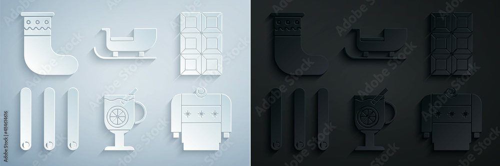 Set Mulled wine with glass of drink, Chocolate bar, Three rolled sticks cinnamon, Christmas sweater, santa claus sleigh and stocking icon. Vector Set Mulled wine with glass of drink, Chocolate bar, Three rolled sticks cinnamon, Christmas sweater, santa claus sleigh and stocking icon. Vector