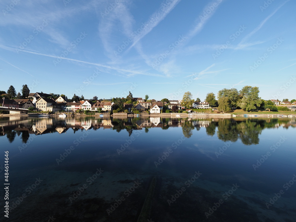 Fototapeta premium Marvelous Rhine River in european STEIN AM RHEIN town in SWITZERLAND